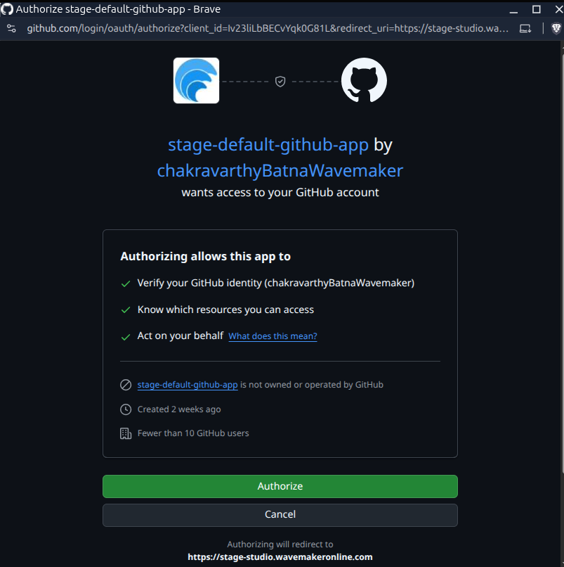 GitHub authorization page showing the permissions requested by the WaveMaker GitHub App