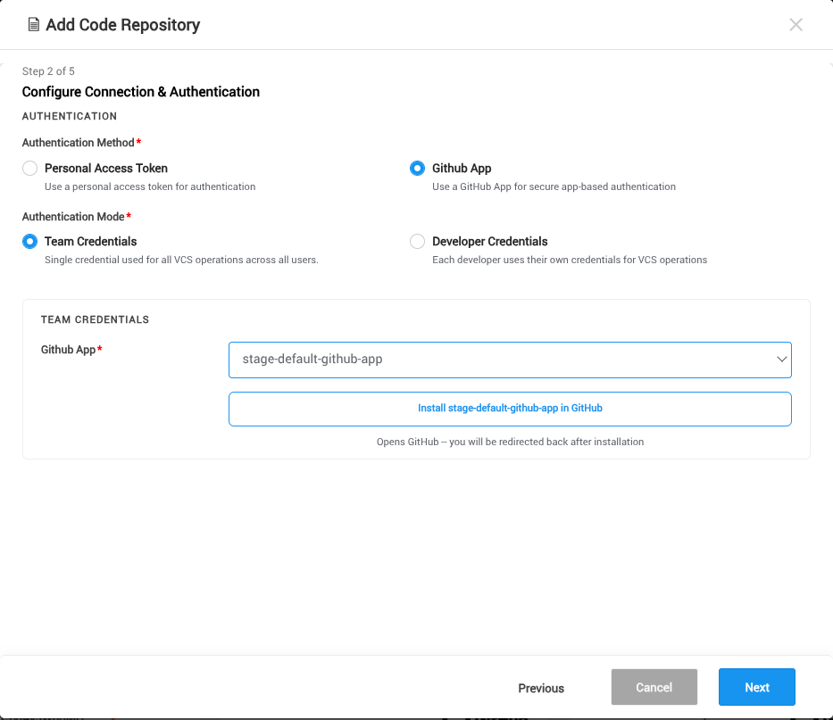 GitHub App selected as the authentication method in the Add Code Repository wizard