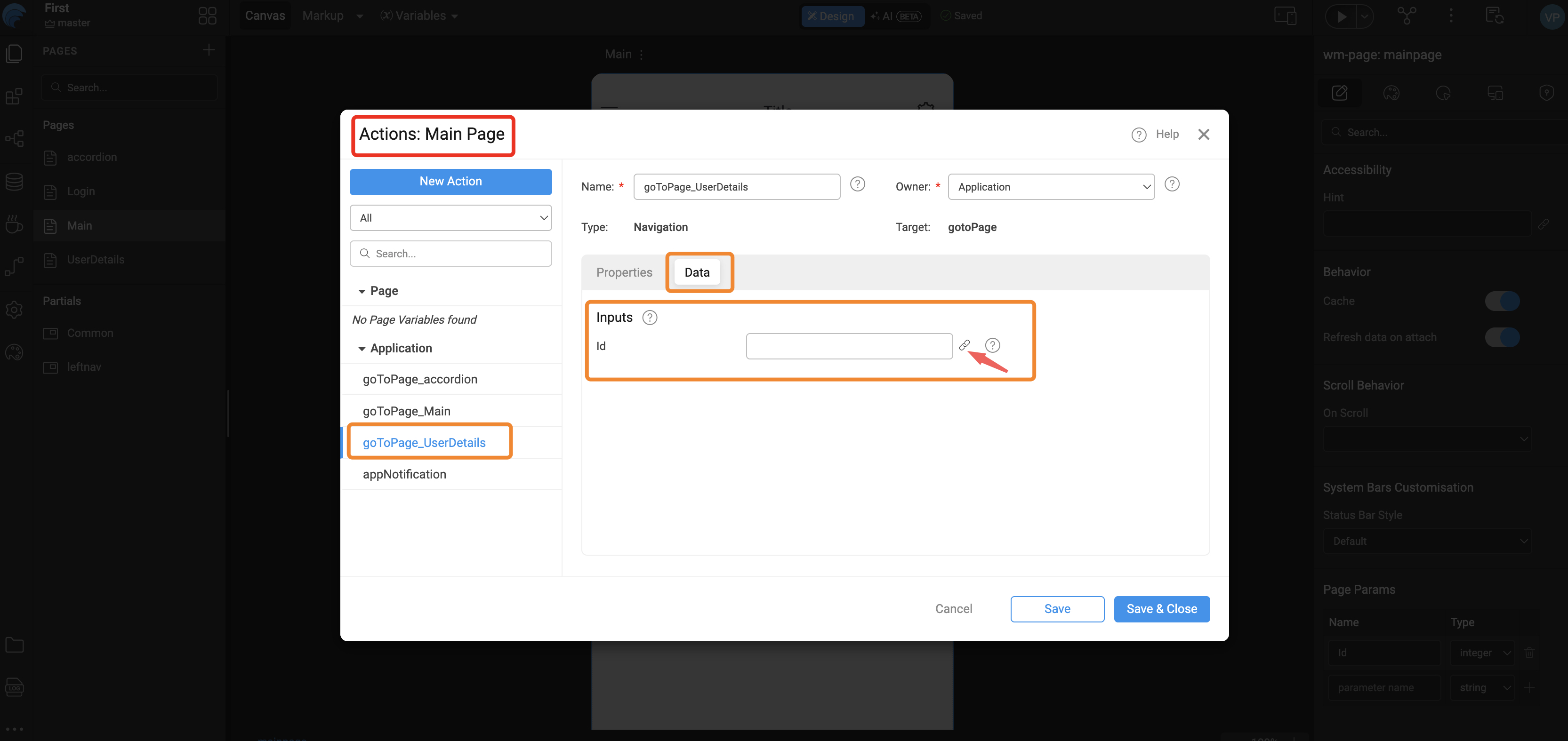 WaveMaker Studio Actions dialog for goToPage_UserDetails on the Main page with the Data tab open and the Id navigation input ready for binding